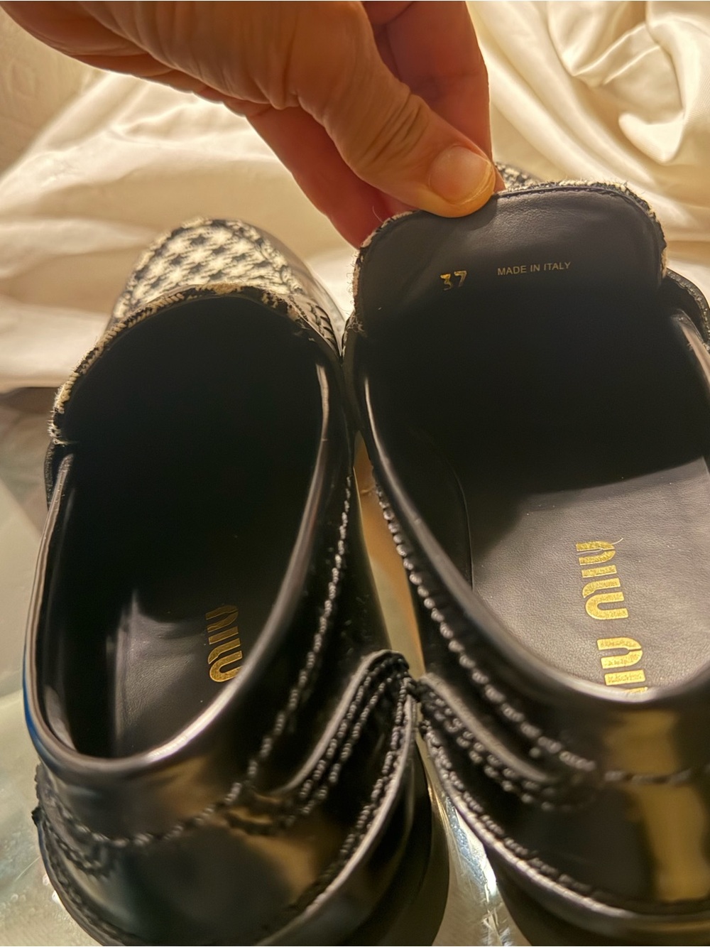 Miu Miu Black Leather Loafers with Black & White Houndstooth - Picture 6 of 6